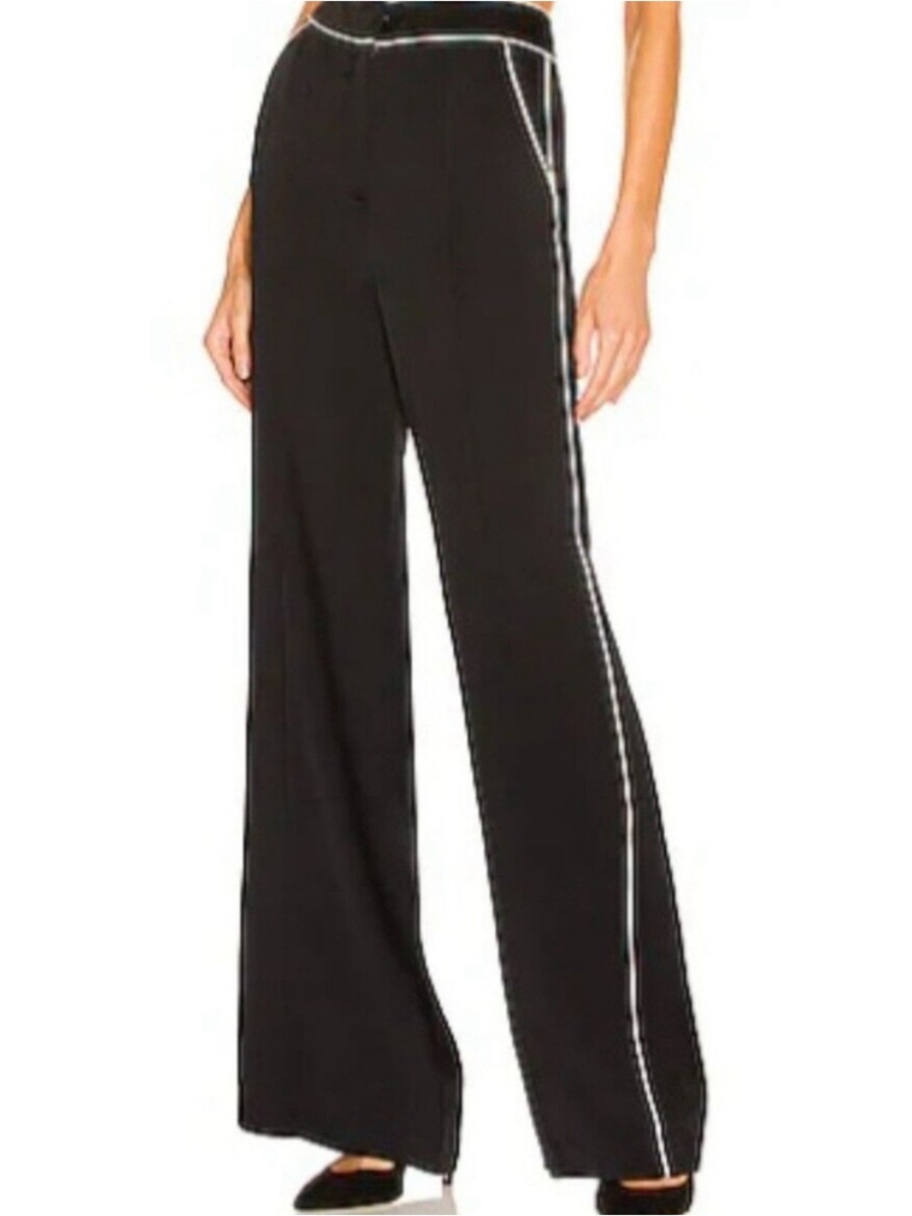 Veronica Beard Edia Black Wide-Leg Pants with White Piping